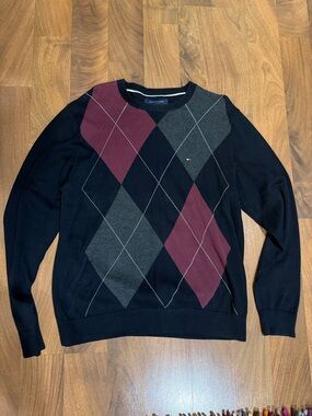 Tommy Hilfiger Men's Black Crewneck Argyle Sweater with Burgundy & Charcoal